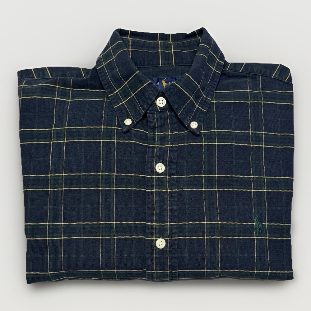 Ralph Lauren Long Sleeve Button Down Oxford Shirt Men's Medium Dark Green Plaid